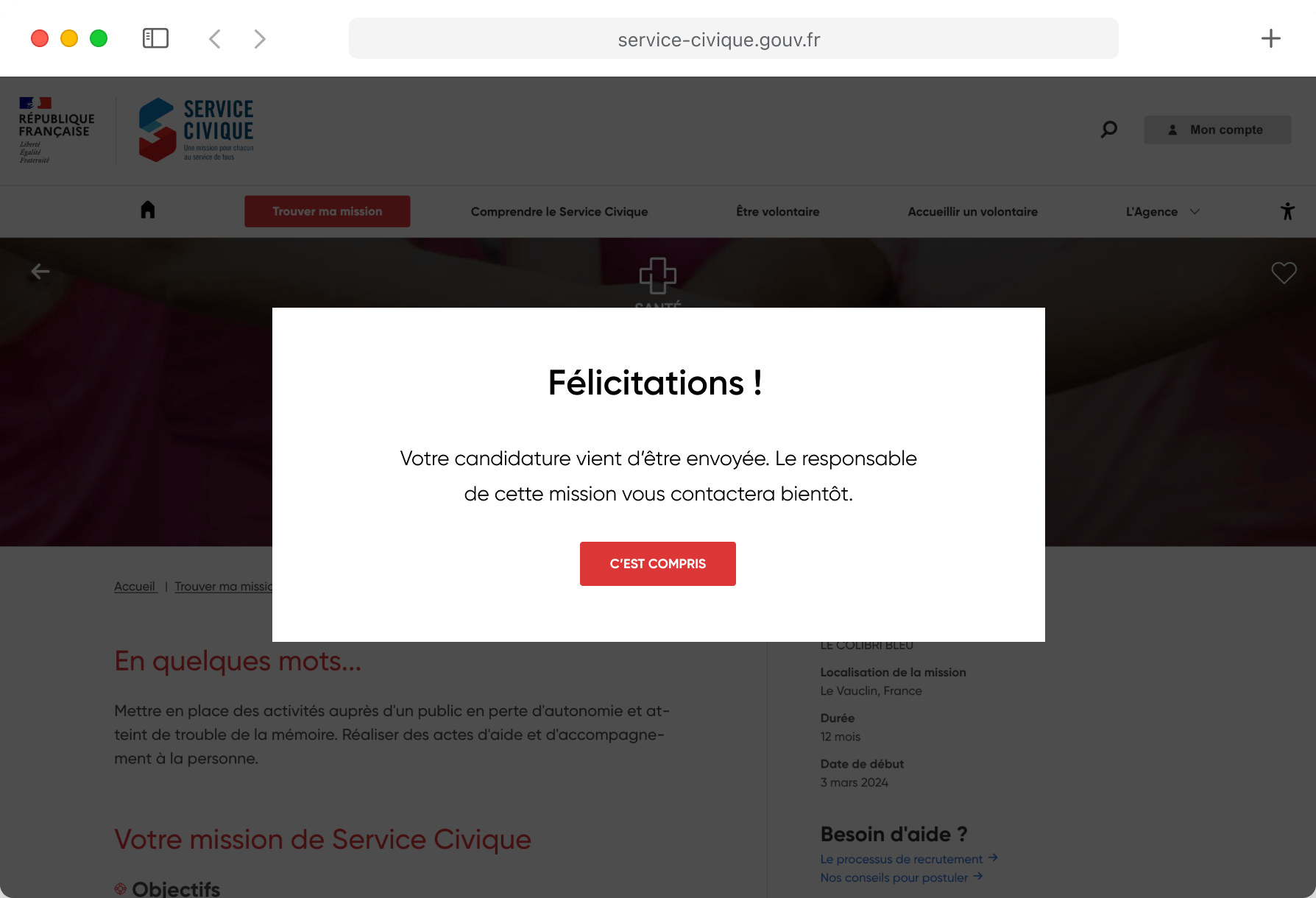 Page de confirmation de candidature à une mission